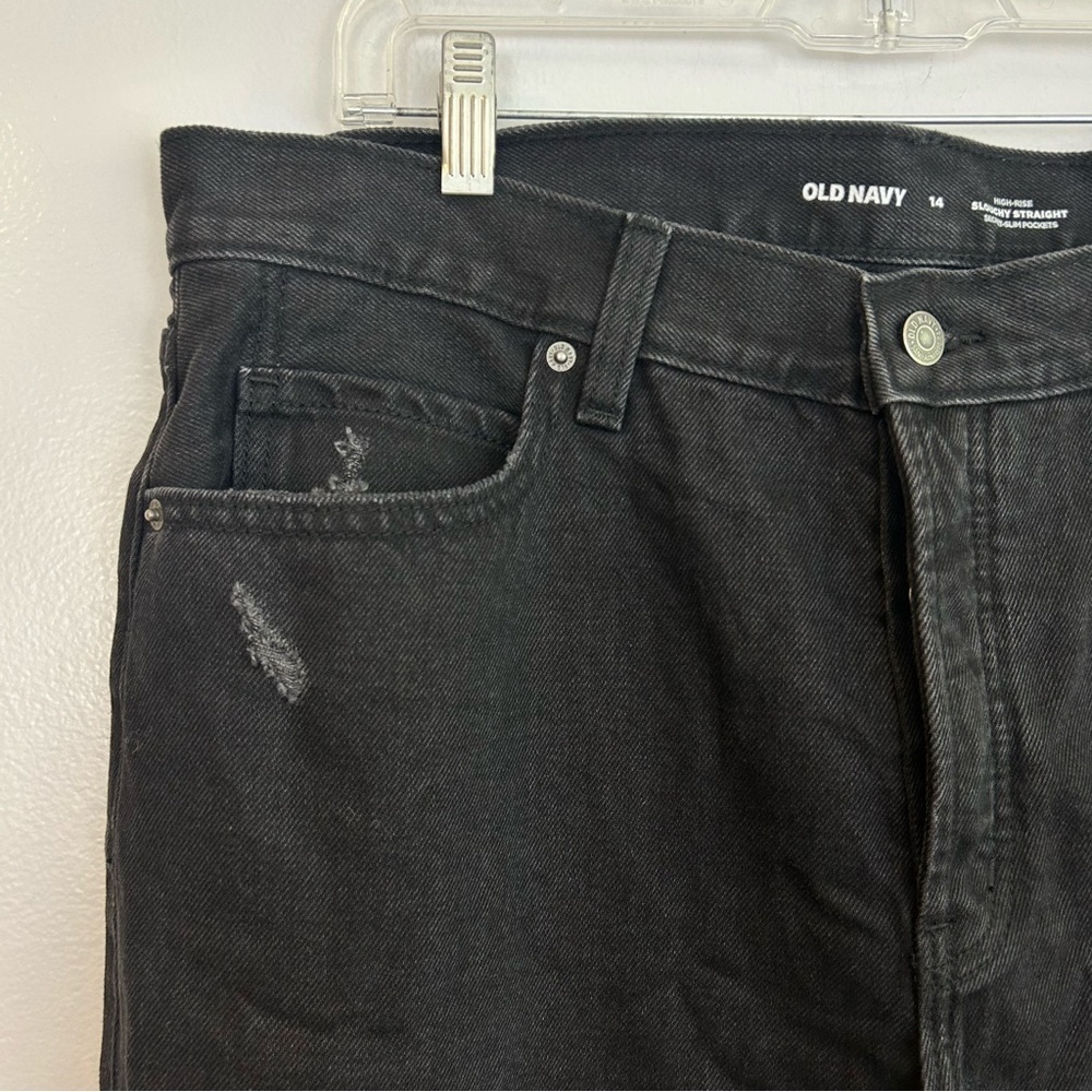 NWT Old Navy Black High Rise Slouchy Straight Distressed Black Denim Jeans Sz 14 - Picture 4 of 11
